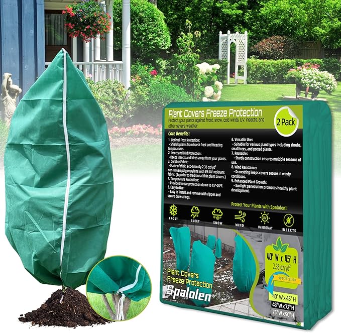 2 Pack Plant Covers Freeze Protection, 40"W x 45"H Winter Frost Blanket 2.36 oz/yd² Fabric Frost Cloth Tree Covers Shrub Jacket Bag with Zipper & Drawstring for Plants Fruit Tree Shrub Potted - Green