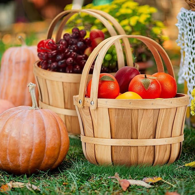 Marsui 10 Pcs Large Wooden Bushel Baskets 11 x 6.5'' Wicker Berry Apple Fruit Bushel Baskets with Handle for Autumn Harvest Garden Storage Farmers Personal or Commercial Use