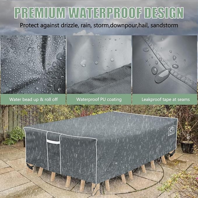 Gasadar Patio Table Cover, Waterproof Outdoor Furniture Cover Rectangular for Patio Table Set, 600D Heavy Duty, 74" L x 47" W x 28" H, Grey