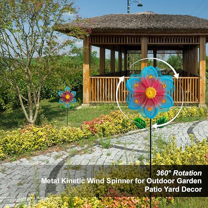 2 Pack Metal Wind Spinners for Garden Decor - Outdoor Windmill Sculptures, Durable Yard Art Wind Spinners Metal Wind Spinner for Patio Lawn Ornament, Vibrant Red & Blue Garden Spinners