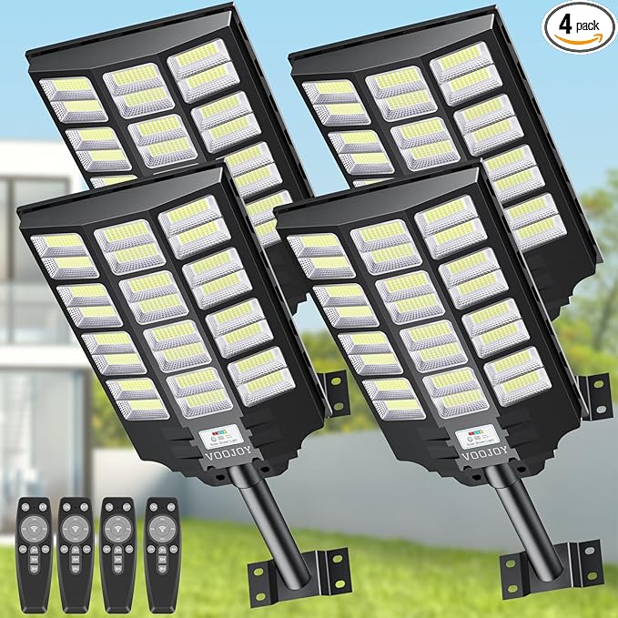 Solar Street Lights Outdoor - 8000W 4PACK Solar Lights Outdoor Dusk to Dawn, IP66 Waterproof Street Lights Solar Powered, Solar Lights for Parking Lots, Garage