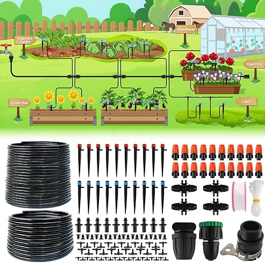 227FT Drip Irrigation System Kit,Misting Sprinkler System with 1/2" 1/4" Tubing Hose Adjustable Emitters Barbed Fittings,Automatic Garden Watering System for Plant Lawns Raised Beds Greenhouse