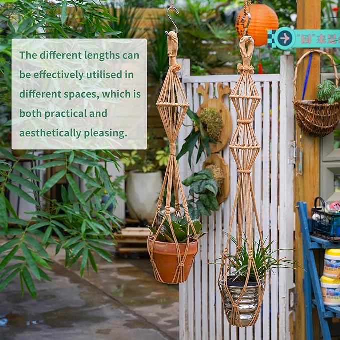 2Pcs Macrame Plant Hangers Indoor Macrame Hanging Planters Large for up to 10 inch Pot No Tassels Long Crochet Boho Plant Hanger Holder for Indoor Outdoor Plants Different Size 35”/39" (Caramel)