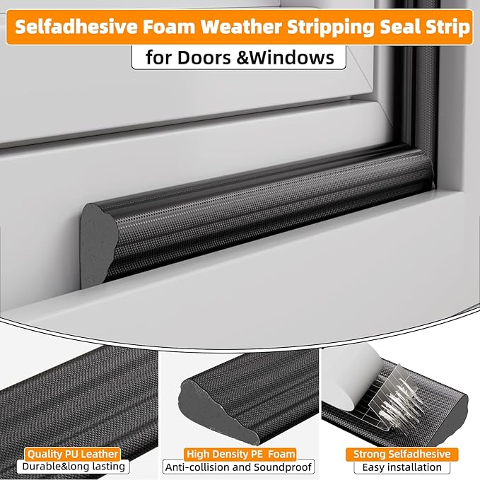 1 Pack*16.4 Ft Self-Adhesive Wedge Foam Window Weather Stripping Door Seal Strip, Soundproof Exterior Front Door Frame Gap Filler, Draft Stopper Foam Tape Noise Light Blocker (Black)