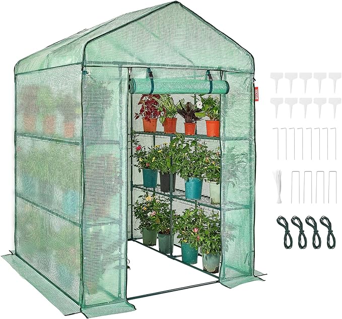 VEVOR Walk-in Green House, 55.5 x 55.5 x 78.7 inch, Portable Greenhouse with Shelves, High Strength PE Cover with Roll-up Zipper Door and Steel Frame, Set Up in Minutes, for Planting and Storage