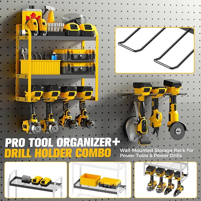 Power Tool Organizer Wall Mount with Extra Drill Holder, Yellow & Black Garage Storage Combo with Battery Storage, 4 Drill Slots Total, Heavy Duty Steel Tool Rack for Workshop Garage