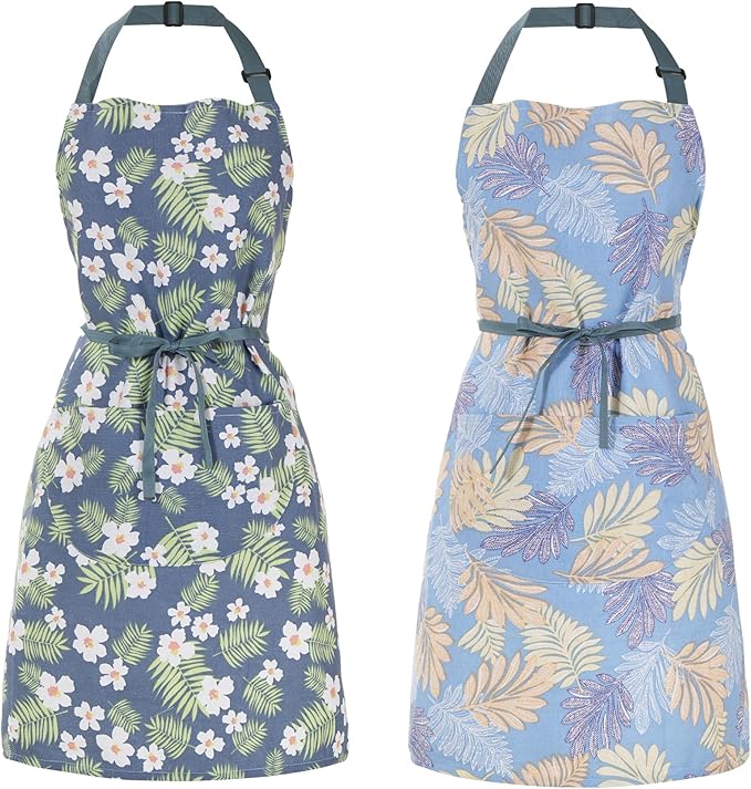 2 Pack Floral Apron for Women with Pockets, Adjustable Cotton Chef Aprons for Kitchen, Cooking, BBQ & Grill