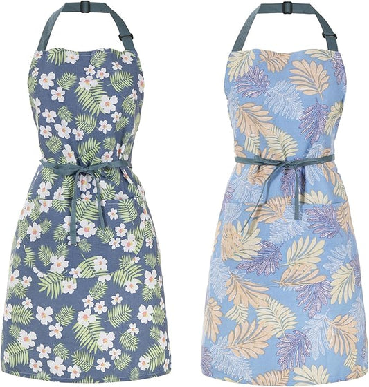 2 Pack Floral Apron for Women with Pockets, Adjustable Cotton Chef Aprons for Kitchen, Cooking, BBQ & Grill
