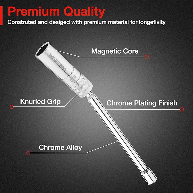 WORKPRO 5/8" Magnetic Spark Plug Socket with Magnetic Design, Swivel Thin Wall Spark Plug Socket, 3/8" Drive x 8" Total Length, 360 Degree Swivel, 12 Point