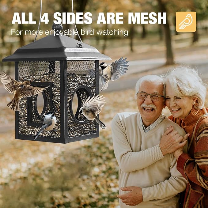 Veehoo Metal Bird Feeder for Outdoors Hanging, Fly Through Wild Birdfeeder Outside, Finch Cardinal Chickadee Feeders for Peanut Sunflower Seed, Black