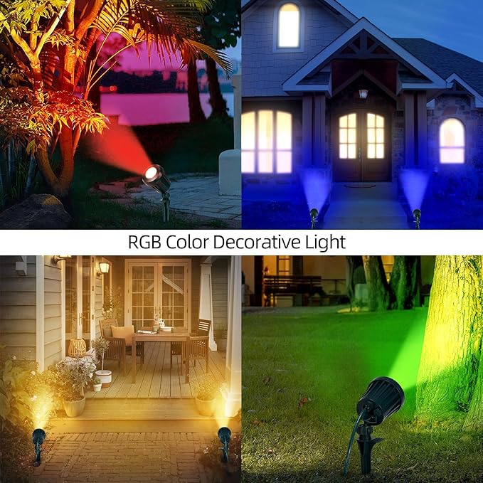 Spotlight Outdoor, 2700K Warm White 10W LED Landscape Spot Lights with RGB 3 Lenses, IP67 Waterproof, 120V Plug-in for Holiday & Everyday Decor in Yard Garden Lawn Tree(1 Pack, Black)