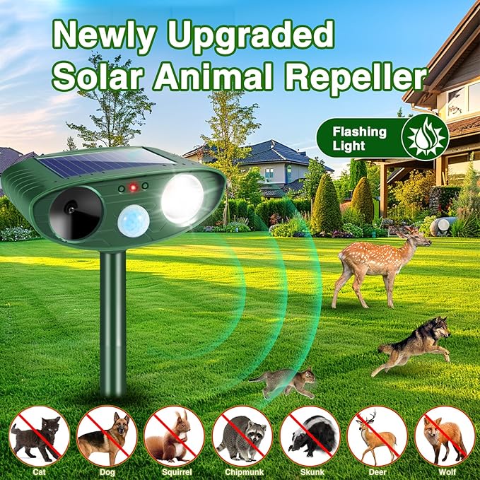 2Pack Solar Ultrasonic Animal Repellent Outdoor Deer Repellent Devices with Motion Detection&Flash Light Squirrel Rabbit Dog Cat Deterrent,Keep Rodent Chipmunk Raccoon Away for Yard Garden Lawn 2025
