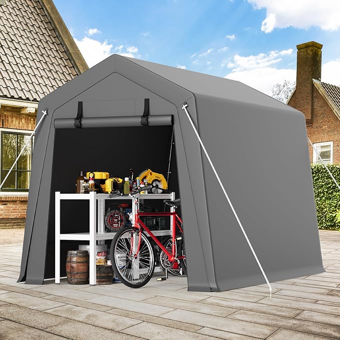 Garvee 6'x8' Outdoor Portable Storage Shed, Waterproof & UV-Resistant Garage Shelter with 2 Roll-Up Zipper Doors, Anti-Snow Carport Tent for Motorcycle, Bike, and Outdoor Equipment, Gray