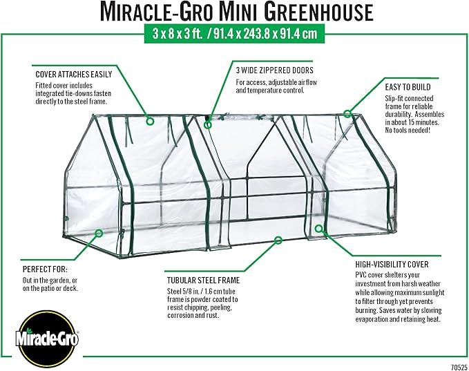 Miracle-Gro Mini Greenhouse 3’ x 8’ x 3’ with Clear PVC Cover, Zippered Access Panels, and Durable Steel Frame for Seed Starting, Translucent