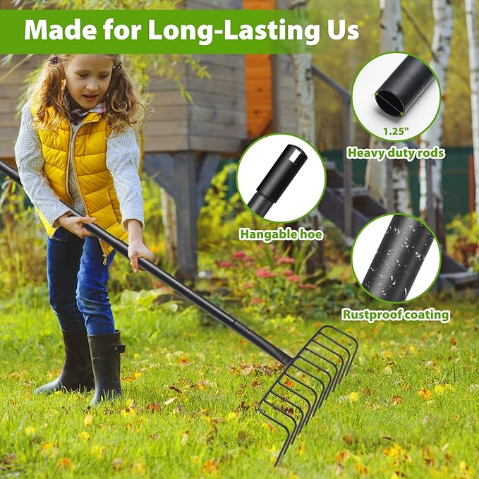 Rake, Heavy Duty Garden Rake with 11 Tines, 51 Inch Handle, 16 Inch Wide, Metal Garden Thatch Leaf Rakes for Raking Gathering Mulch,Metal Bow Rakes for Lawn Yard Bushes Pine Needles Leaves Grass