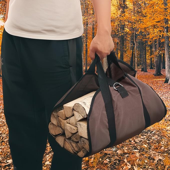 2 Pcs Canvas Firewood Carrier Bag with Handles, Canvas Waxed Large Carrier Logs Tote Indoor Carrying Bag Wood Storage Carriers for Fireplace Cabin Camping Outdoor, Dark Brown