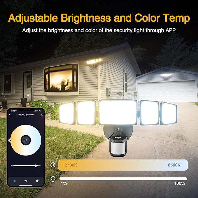 Onforu 55W Smart LED Security Lights Motion Sensor Outdoor 5 Heads, 340° Illumination WiFi Alexa Flood Light 5500LM APP Control, 2500K-6500K Exterior Motion Detector, IP65 Wall Light for Yard, Balck