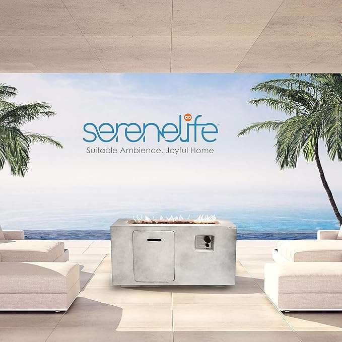 SereneLife Outdoor Propane Fire Pit Table - CSA/ETL Certified Safe 50,000BTU Pulse Ignition Weatherproof Square Propane Gas Fire Table - Adjustable Flame, Thermocouple - PVC Cover, Lava Rock