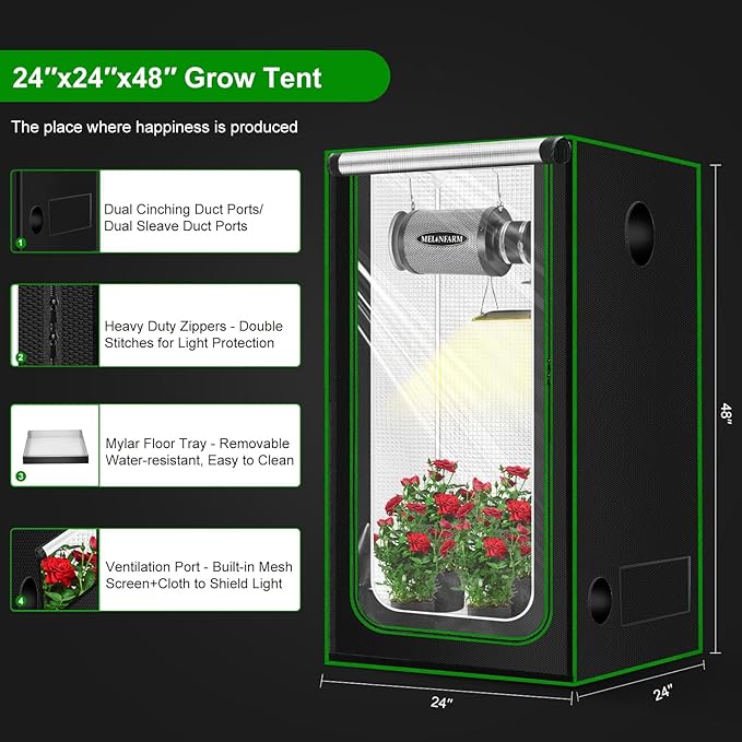 MELONFARM 2x2 Grow Tent, 24"x24"x55" Double Transparent Viewing Door Indoor Grow Tent, Growing Tent with High Reflective Mylar & Floor Tray, Plant Tent for Indoor Hydroponics Growing