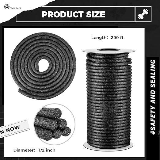 1/2 Inch x 200 ft Foam Backer Rod for Gaps Joints Concrete Crack Filler Caulk Saver Bulk Foam Backing Rod Concrete Filler Rope for Weather Stripping Door Seal (Black)