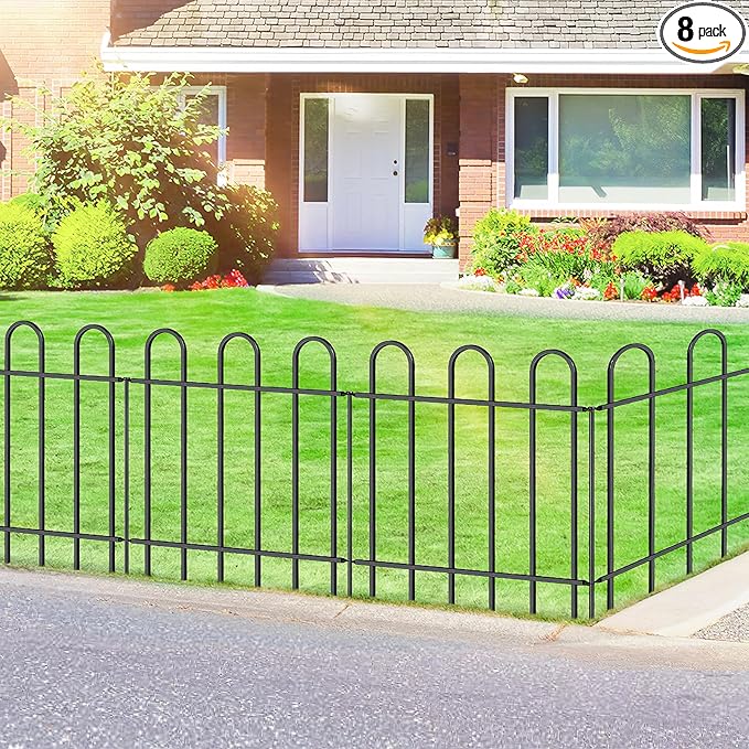 Metal Garden Fence 24 in H x 16 ft L, No dig Garden Border Yard Fencing, Dog Fence Outdoor Temporary Animal Barrier for Flower Bed Lawn and Patio, 8 Panels + 9 Stakes Black