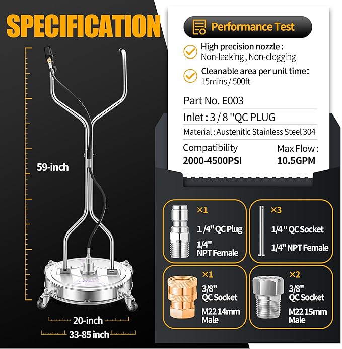 20" Pressure Washer Surface Cleaner with 4 Wheels and Dual Handle, Power Washer Attachment for Cleaning Concrete, Patio, Sidewalk, Deck and Driveways - PWS 20