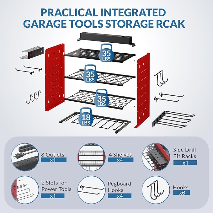 Power Tool Organizer with Charging Station, 4 Layers Garage Storage Rack with 6 Drill Holders, Father's Days Gift For Dad, Wall Mount Garage Organizer Built in 8 Outlets Power Strip, Orange