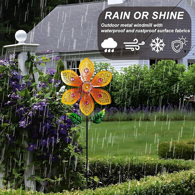 Metal Wind Spinners for Garden Decor Outdoor Windmill Sculptures, Durable Yard Art Wind Spinners Metal Wind Spinner for Patio Lawn Ornament (Bright Orange Flowers)