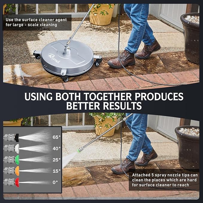RAYNEL 18'' Pressure Washer Surface Cleaner with 4 Wheels, Stainless Steel Housing, 1/4" Quick Plug, 2 Extended Wands, 2 Replacement Nozzles and 5 Spray Nozzles