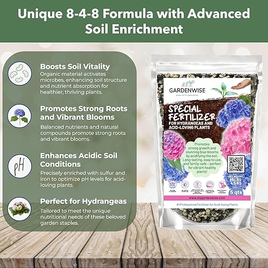 Slow Release Hydrangea Fertilizer with Iron & Sulfur – Indoor & Outdoor Soil Acidifier for Miracle Growth (2 qt)