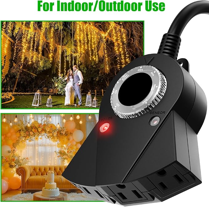 Outdoor Light Timer Waterproof, 24 Hours Plug in Timer with 2, 4, 6 or 8 Hours Countdown Mode, 3 Grounded Dusk to Dawn Electrical Outlet for Outdoor Backyard Garden Patio Lights Christmas Decorations