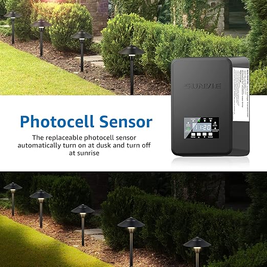 SUNVIE 200W Landscape Lighting Transformer Outdoor Low Voltage Landscape Transformer with Timer and Photocell Sensor Waterproof 120V to 12V/14VAC Low Voltage Transformer for Landscape Garden Lights