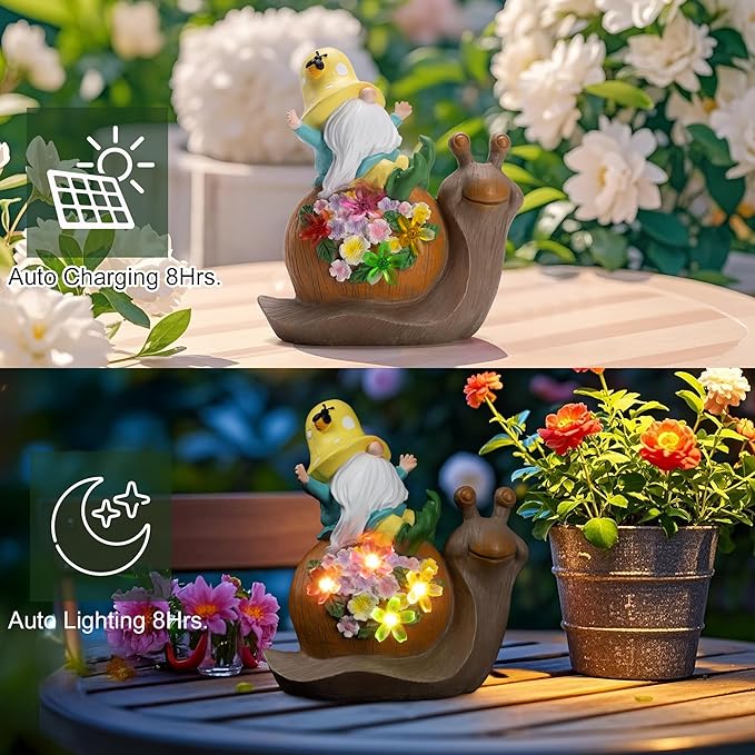 Solar Garden Outdoor Statue Snail Gnome with Succulent and LED Light - Patio,Lawn,Garden,Tortoise Statue for Patio,Unique Housewarming Gifts
