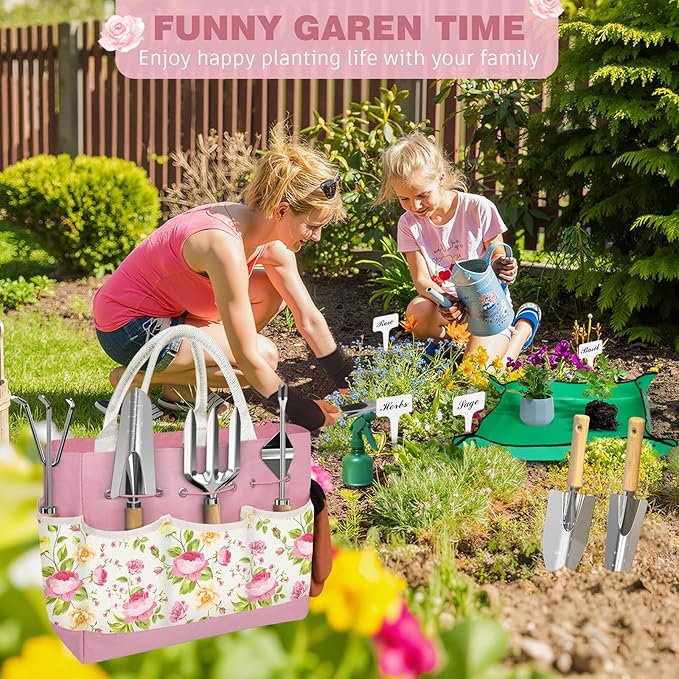 22PCS Garden Tools Set for Women,Heavy Duty Hand Tool Kit Included Handy Tote Bag/Trowel/Repotting Mat/Rake/Pruner/Gloves/Plant Tags,Garden Supplies Gardening Gifts for Beginner Mom-Pink