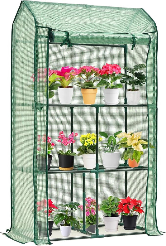 Mini Greenhouse for Indoor Outdoor, Small Plastic Plant Green House Rack Stand Portable Greenhouses with Durable PE Cover for Seedling 60 "x 35"x 16",20 Pcs T-Type Plant Tags Include（PLGH4053G）