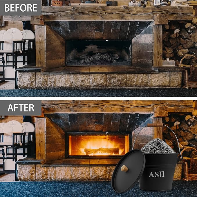 Ash Bucket with Lid Shovel and Hand Broom, 1.5 Gallon Fireplace Metal Bucket Reinforced Base & Ash Can, Fire Pit,Wood Burning Stove for Fireplace, Galvanized Iron Tool Set Accessories