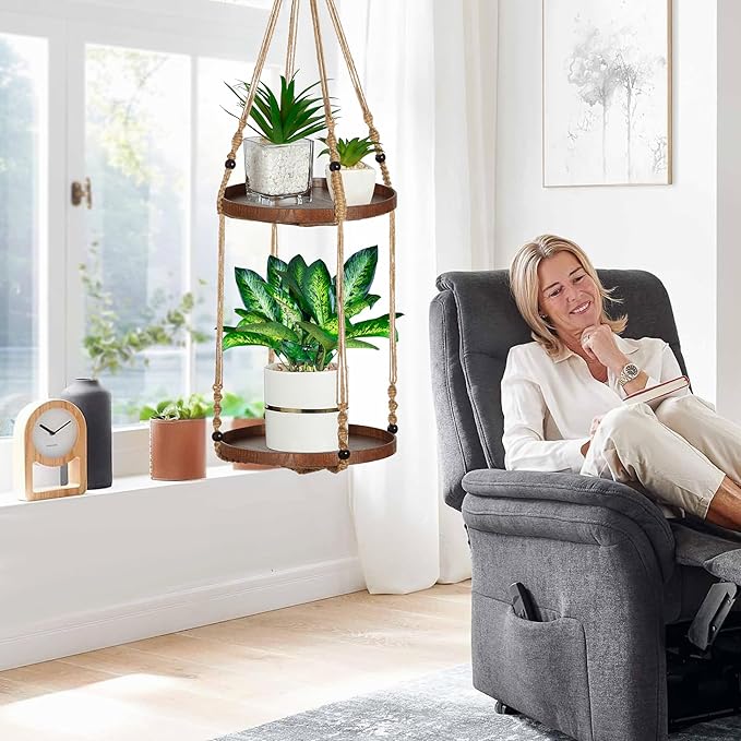 2 Tier Macrame Plant Hanger | Plant Hanger Indoor, Hanging Planter | Hanging Planter Shelf (Jute) (Large, 12" Shelf)