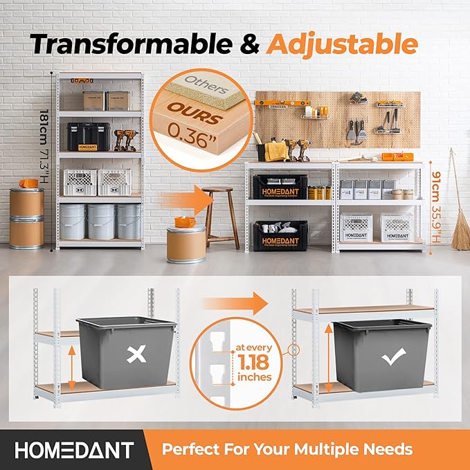 HOMEDANT 5 Tier White Storage Shelves Adjustable Laminated Boltless Garage Metal Shelving Unit Heavy Duty Utility Rack Shelf Warehouse Pantry Closet Kitchen 35.9" W x 16.2" D x 71.3" H White 2Pack