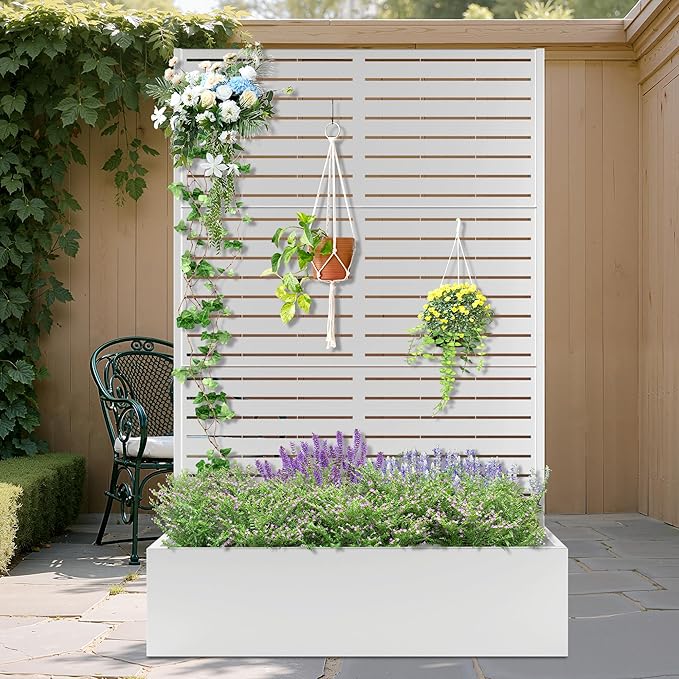 Metal Planter Box with Trellis, Heavy-Duty Raised Garden Bed for Climbing Plants, Drainage Hole, Outdoor Planter Box with Privacy Screen，47''L×16''W×71''H
