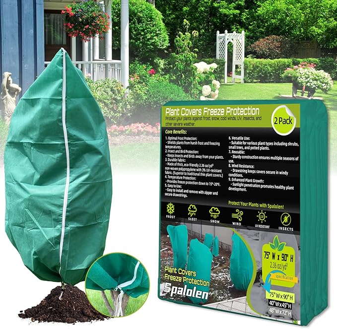 2 Pack Plant Covers Freeze Protection, 75"W x 90"H Winter Frost Blanket 2.36 oz/yd² Fabric Frost Cloth Tree Covers Shrub Jacket Bag with Zipper & Drawstring for Plants Fruit Tree Shrub Potted - Green