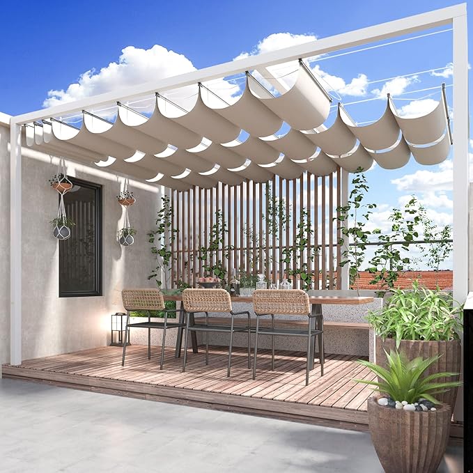 ECOOPTS 4'x26' Retractable Wave Sun Shade Canopy Pergola Cover Shade Sail Awning for Patio Porch Garden Yard Deck Outdoor (Beige)