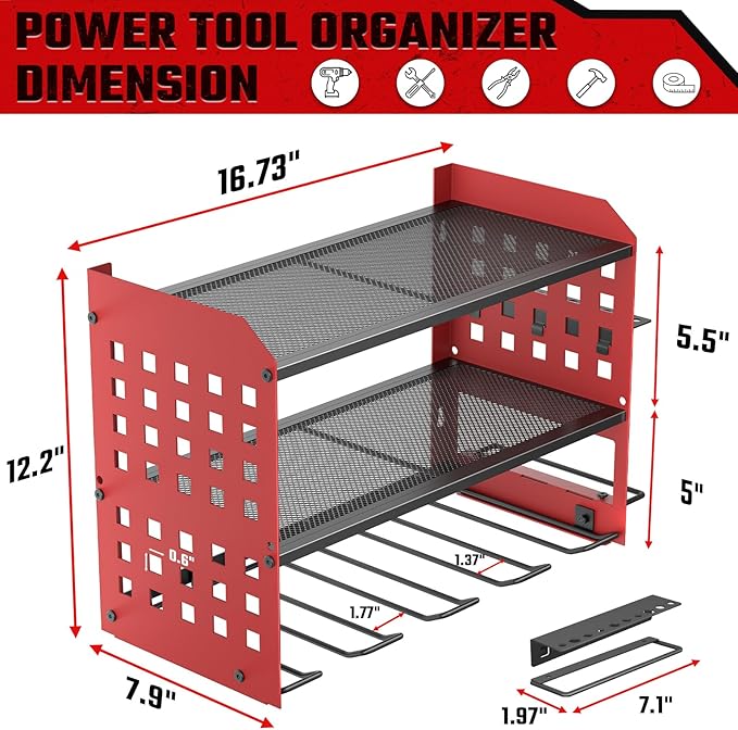 SPACECARE Power Tool Organizer, Drill Holder Wall Mount with 2 Side Pegboards with Hooks, 3 Layer Garage Organization Heavy Duty Tool Organizers Utility Rack for 4Drill Holders Red