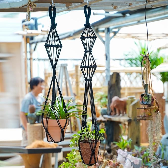 2Pcs Macrame Plant Hangers Indoor Macrame Hanging Planters Large for up to 10 inch Pot No Tassels Long Crochet Boho Plant Hanger Holder for Indoor Outdoor Plants Different Size 35”/39" (Black)