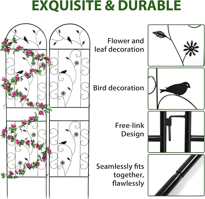 Metal Garden Trellis for Climbing Plants, 2 Pack 86.5" x 19.7" Black Plant Trellis Outdoor, Clematis Rrellis Outdoor, Arched Decoration Suitable for lawns, Gard