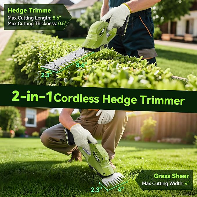 Hedge Trimmer Cordless, 2 in 1 Handheld Hedge Shears Electric Hedge Trimmer with 2 Pack 20V Rechargeable Battery and Charger Included, Small Grass Trimmer Garden Tools for Tree, Garden, Lawn, Yard