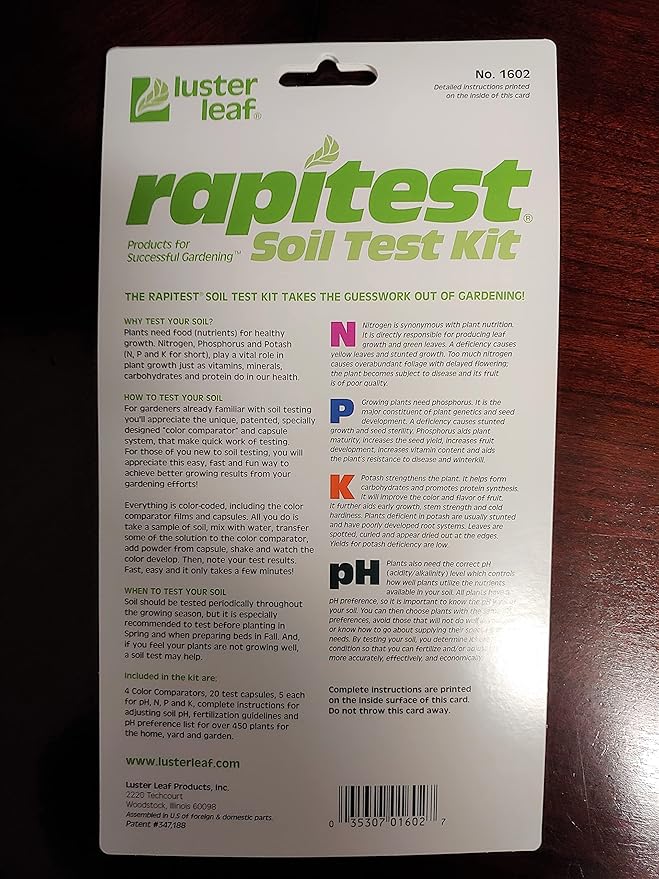 Rapitest Soil Test Kit for Gardens, Vegetables, Flowers and Lawns. USA designed and assembled soil tester completely, quickly and accurately measures/analyzes soil pH acidity and garden nutrients.