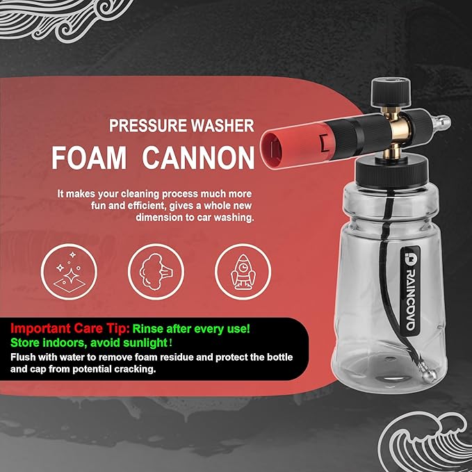 Foam Cannon Wide Mouth for Pressure Washer, Thick Snow Foam Lance for Car Wash, Adjustable Soap Cannon with 1/4 Inch Quick Connector, Additional 1.1mm Orifice Nozzle