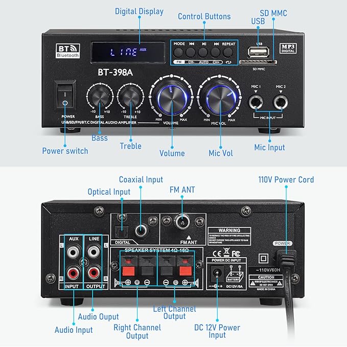 Facmogu BT-398A Stereo Digital Audio Amplifier, Max 450Wx2 HiFi Sound Audio Power Amplifier System, 2.0 Channel Receiver Amp for Home Theater Garage w/Fiber/Copper Jack, USB/SD/AUX/RCA/MIC in w/Echo