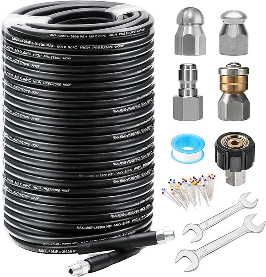 200FT Sewer Jetter Kit for Pressure Washer, 5800PSI Drain Cleaner Hose 1/4 Inch NPT, Corner, Rotating and Button Nose Sewer Jetting Nozzle Waterproof Tape Pearl Corsage Pin with 2Pcs Spanner
