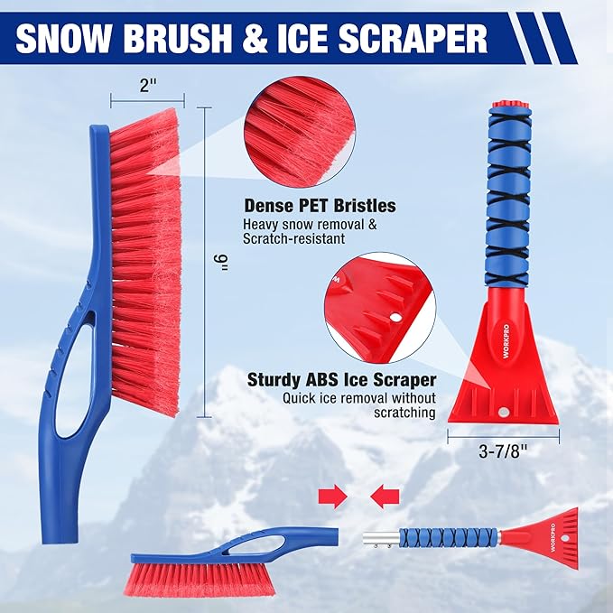 WORKPRO 3-Piece Snow Removal Kit, 47" Detachable Snow Shovel, 27" 2-in-1 Ice Scraper & Snow Brush Tool, Separate Snow Scraper for Car, Truck, Driveway, and Winter Conditions, Storage Bag Included